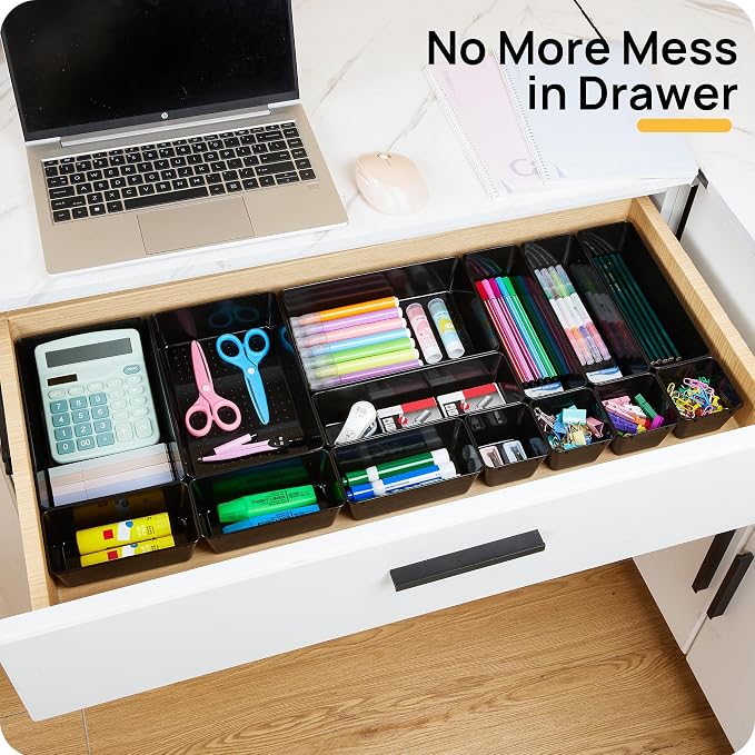 Vtopmart 25 Pack Plastic Drawer Organizers with Non-slip Rubber Pads | 4-Size Versatile Makeup Organizer, Storage Containers Small Bins for Makeup, Jewelries, Bedroom, Kitchen Utensils and Office