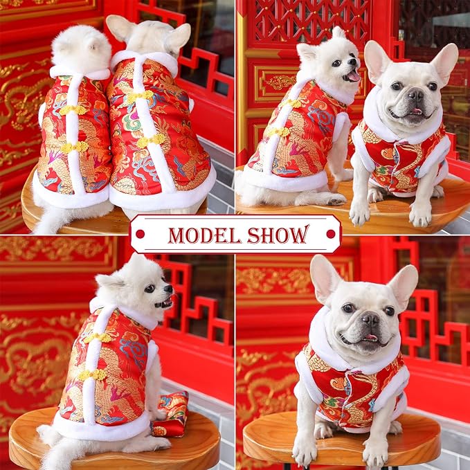 BAMY New Year Dog Dragon Robe Costume Warm Cat Cheongsam Winter Pet Clothes Vest of The Tang Dynasty Christmas Coat for Cats Teddy Bichon Small Medium Dogs (S (Chest Circumference 14.5in))