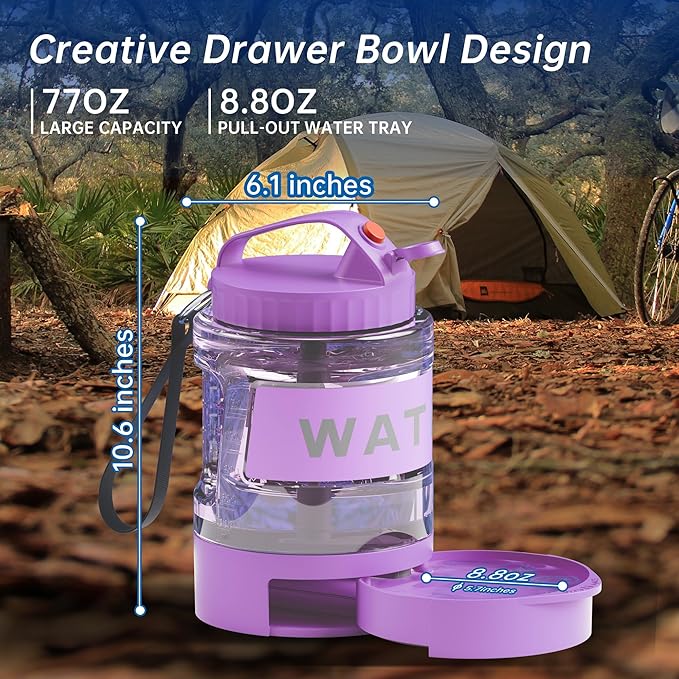 77oz Dog Water Dispenser, 2.2L Large Portable Dog Water Bottle with Pull-Out Drinking Bowl, BPA Free Leak-Proof Pet Travel Water Container for Camping, Hiking, Beach, Car Travel Essentials- Purple