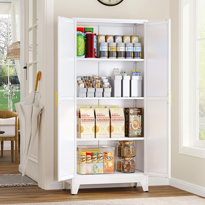 GAIOUS Metal Pantry Cabinet, Kitchen Pantry Storage Cabinets with 2 Door | and 3 Adjustable Shelves, White Kitchen Pantry Cabinet, Freestanding Cupboard for Dining Room Living Room Bathroom