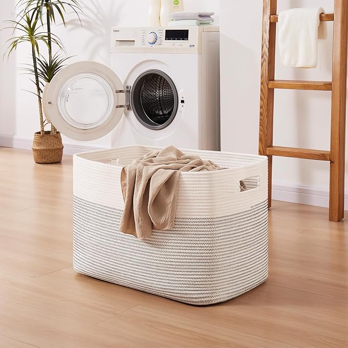 OIAHOMY 108L Extra Large Blanket Basket Dog Toy Basket Black/White | Rectangle Woven Baskets for Storage Cotton Rope Basket For Living Room Toy Storage Blanket Storage Laundry Basket