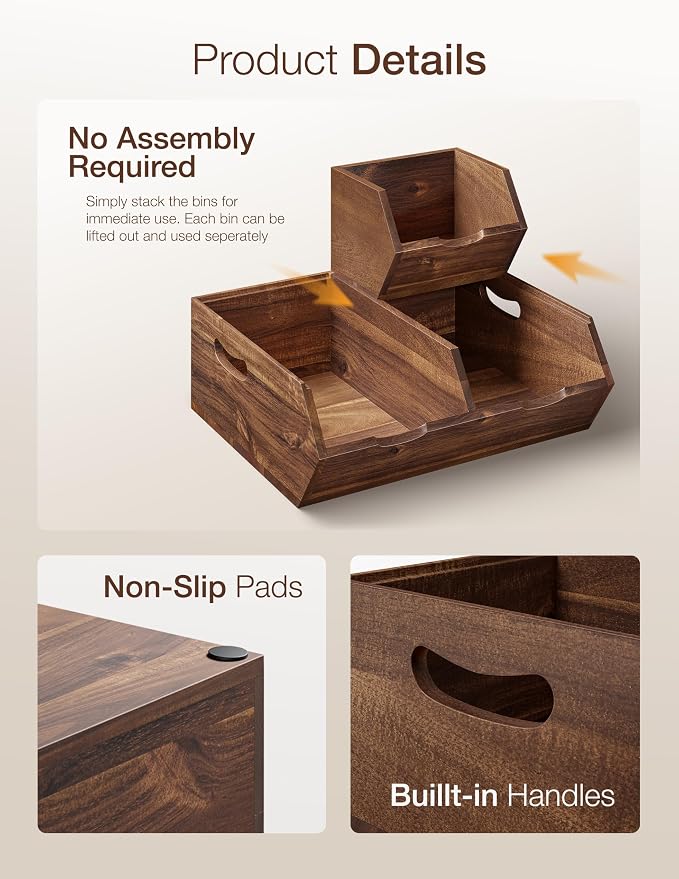 Tidita Acacia Wood Potato & Onion Storage Bin, Stackable (Patent Pending) | Walnut Finish, Solid Acacia Wood, No Assembly, 3 Stackable Bins, Integrated Handles, 50LBS Capacity, Non-Skid Pads, Multi-Use