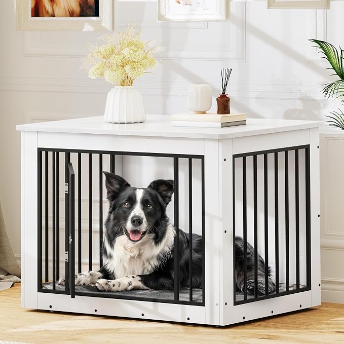 YITAHOME 38.2" Dog Crate Furniture 2-in-1 Iron-Wood Fusion up to 60 lb | Modern Dog Kennel Indoor Side End Table with Waterproof Top, Safety Corners, Steel Lock, White