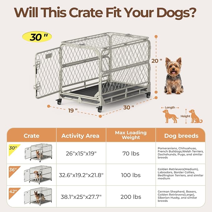 30 Inch Collapsible Dog Crate for Small Dogs, Foldable Metal Dog Kennel with Reinforced Diamond Wire Mesh, Escape Proof Foldable Dog Cage, Leak-Proof Removable Tray, Double Secure Door Latch