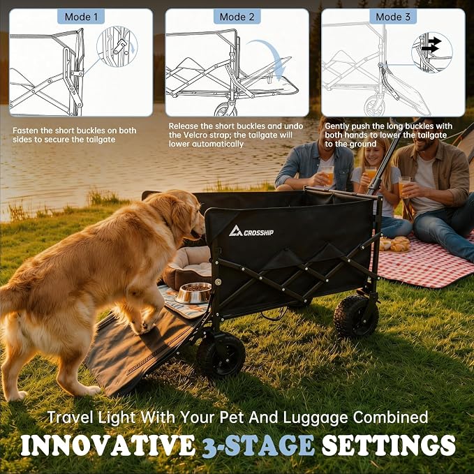 Folding Pet Wagon for Dogs - with Drop-Down Tailgate & Pet Pad | 330lbs Heavy Duty Dog Cart, All-Terrain Collapsible Wagon for Beach, Shopping & Camping, for 1 Medium or 2 Small Puppies