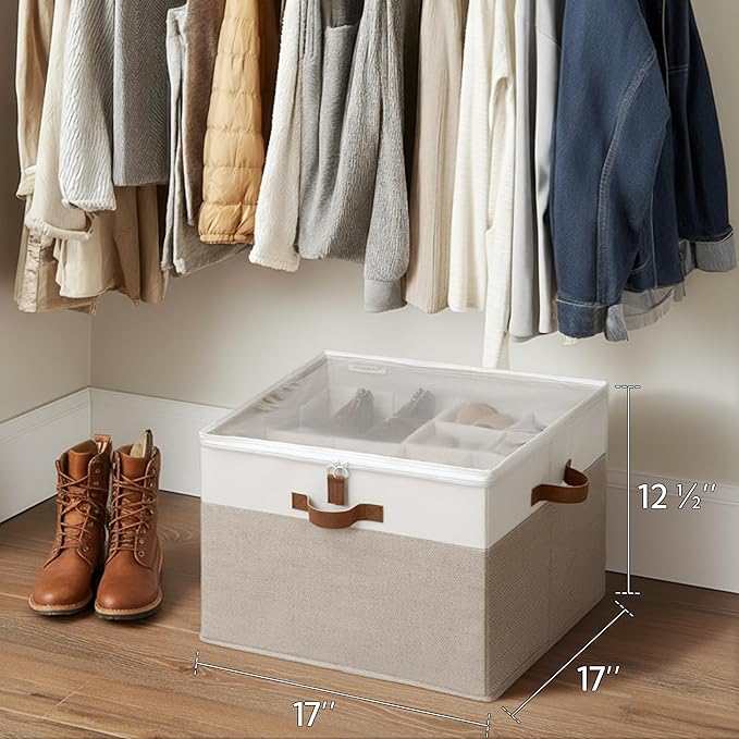 StorageWorks 16-Pair Fabric Shoe Storage Box for Closet, Brown and White | Adjustable Dividers, Holds up to 16 Pairs, Foldable, Clear Lid, Soft Handles, Fits Sneakers, Sandals & Flats, For Mudroom
