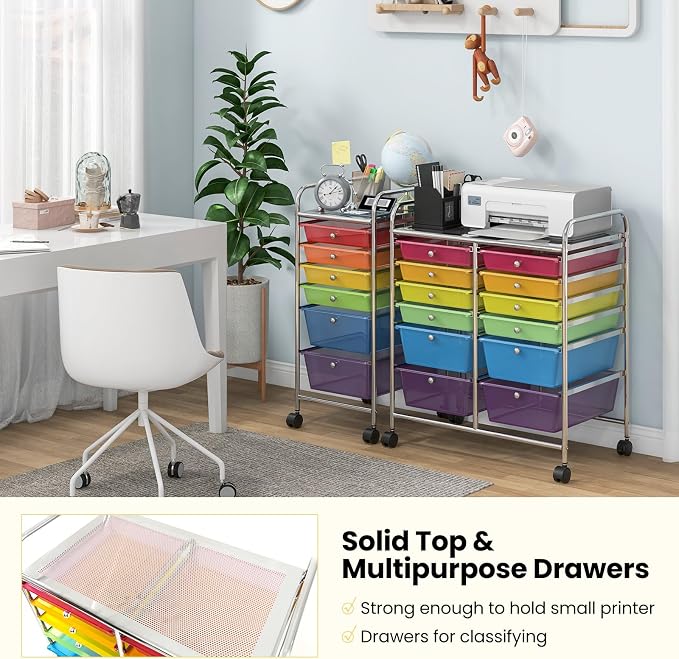 12 Drawer Rolling Storage Cart, Art Cart Organizer on Wheels, Mobile Utility Cart with Drawers, Multipurpose Craft Drawers for Home Office School Classroom (Rainbow)