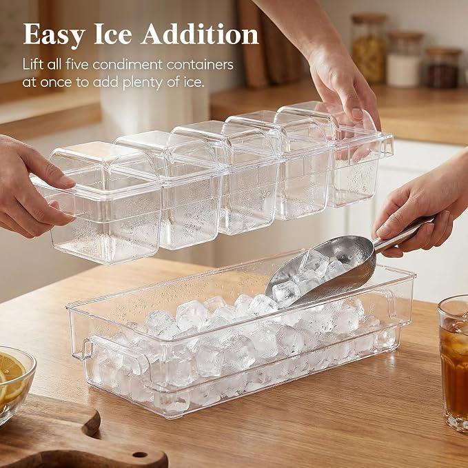 Lifewit Chilled Condiment Caddy with Stainless Steel Spoons & Tongs | Handle Design, 5 Individual Fridge-Safe Compartments, Ice Condiment Caddy & Garnish Tray for Taco, Mimosa, Dirty Soda Bar