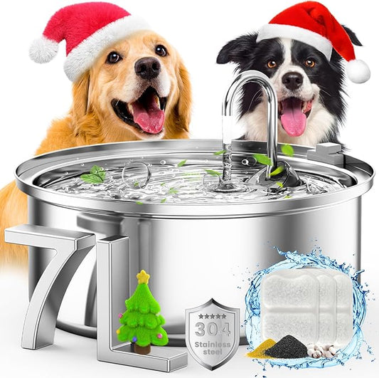 oneisall Dog Water Fountain, 7L/230oz/1.8G Quiet Dog Fountain Water Bowl, Stainless Steel Dog Water Fountain with Visual Water Level&Triple Filtration for Large Medium Small Breed Dogs Pets