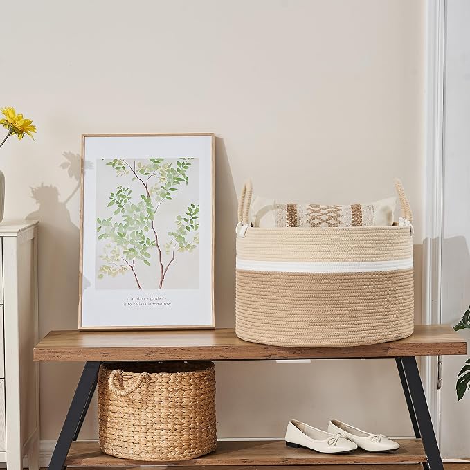 KAKAMAY Large Blanket Basket with Handles, Storage Basket for Living Room | Extra Large Capacity | Natural Cotton Rope | Blanket Storage | Woven Storage Basket | Stuffed Animal Storage | Laundry Basket