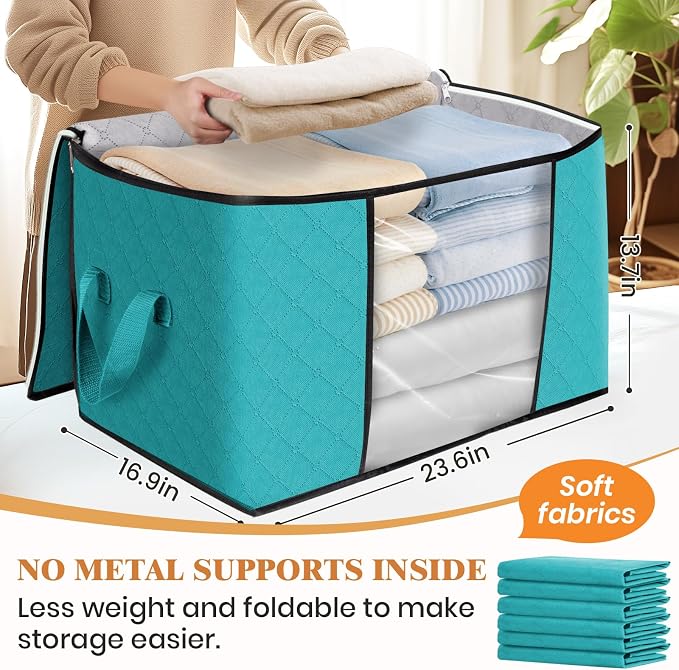 90L Clothes Storage, Foldable Thick Fabric Blanket Storage Bags | Foldable Containers with Zippers,Window and Handles for Organizing Bedroom, Closet, Comforter, Bedding,Dorm essentials