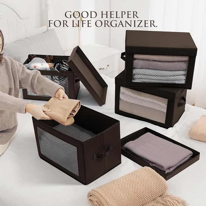 Foldable Storage Boxes with Clear Window - Clothes Organizers and Decorative Bins with Lid, Fabric Storage Cube, Baskets for Shelves, Yarn, Home, Brown, 3 Pack
