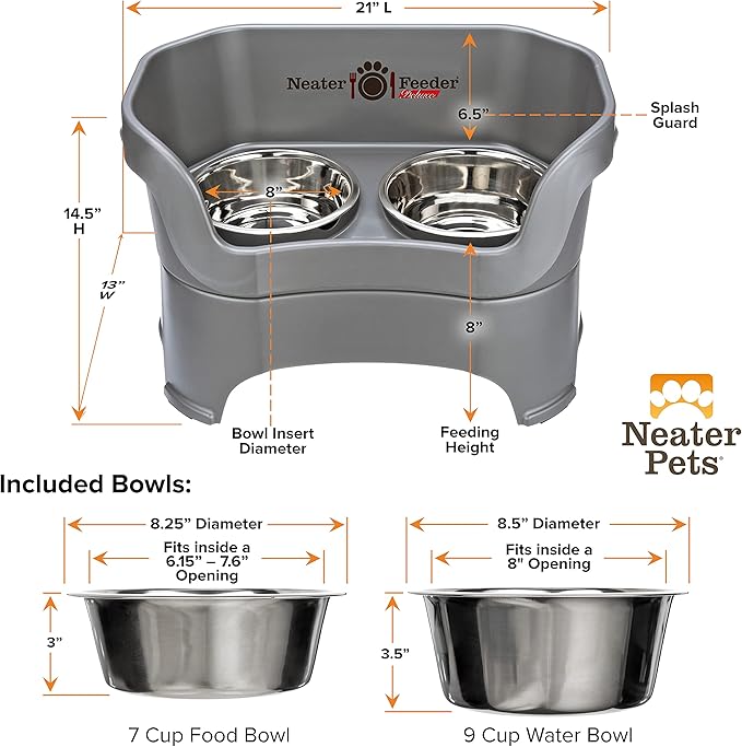 Neater Pet Brands Neater Feeder Deluxe Mess Proof Dog Bowls Elevated for Large Dogs Over 40 lbs, Made in USA, No Spill Raised Dog Food Bowl Stand Feeding Station, Food and Water Bowl Set, Gunmetal