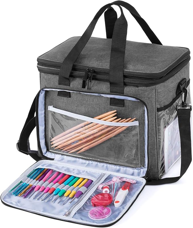 Teamoy Crochet Bag, Knitting Bag Yarn Storage Tote, Yarn Organizer, Gray | Yarn Holder for Crocheting, with Inner Divider and Cover, for Yarn Skeins, Project, Knitting Needles, and Crochet Supplies