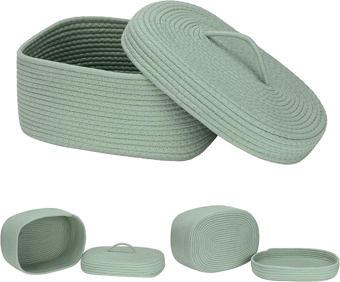 Sea Team Oval Storage Basket, Woven Cotton Rope Basket with Lid, Green | Decorative Knitted Storage Bin, Multi-Purpose Lidded Organizer for Closet Shelves, Nursery and Household Storage