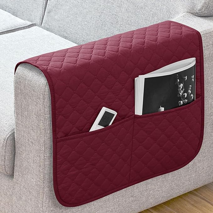Anti-Slip Arm Rest Covers for Sofa Organizer Polyester Pongee Waterproof Couch Arm Covers with Side Pocket Arm Chair Covers, Arm Chair Bedside Storage(Wine red)