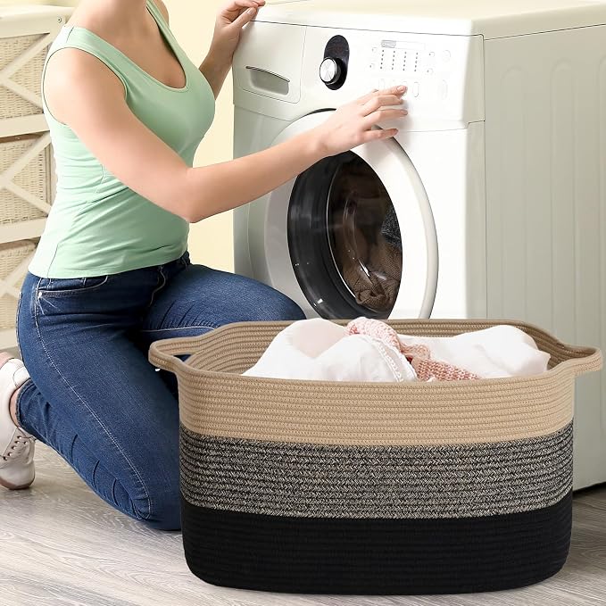 Large Blanket Basket, 100L Storage Baskets for Organizing, Woven Laundry Basket for Blankets, Cotton rope Blanket Storage for Living Room, Nursery Room, 24.8"L x 15.74"W x 15.74"H, Brown & Black
