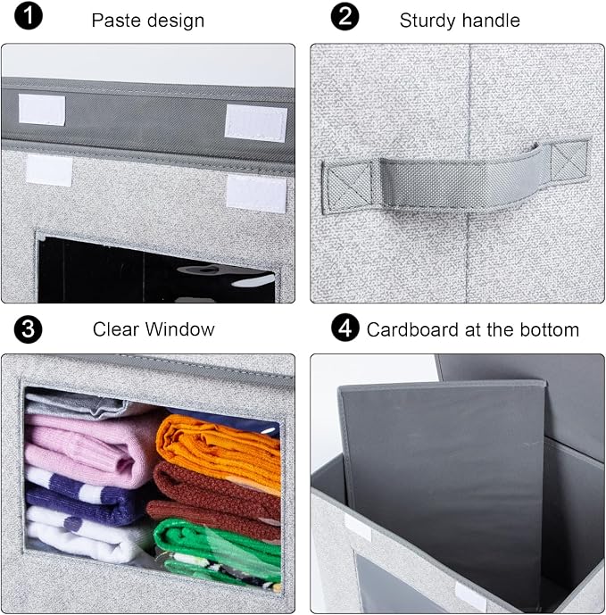Univivi Larger Fabric Collapsible Storage Bins, Foldable Storage Boxes with Lids, Storage Cube Organizer Basket for Home, Closet, Bedroom(Gray, 17“ x 12” x 12") | 17 x 12 x 12 In Clothes Storage Bins with Handles & Window, Foldable Closet Organizers an...
