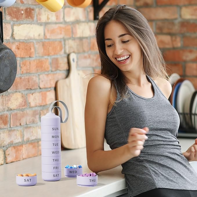 Betife Travel Pill Organizer, 7 Day Stackable Weekly Pill Case - Purple | Daily Pill Container with 7 Large Stackable Compartments, Sturdy ABS Snap-lock, No Metal-on-Metal Friction, Portable Pill Box