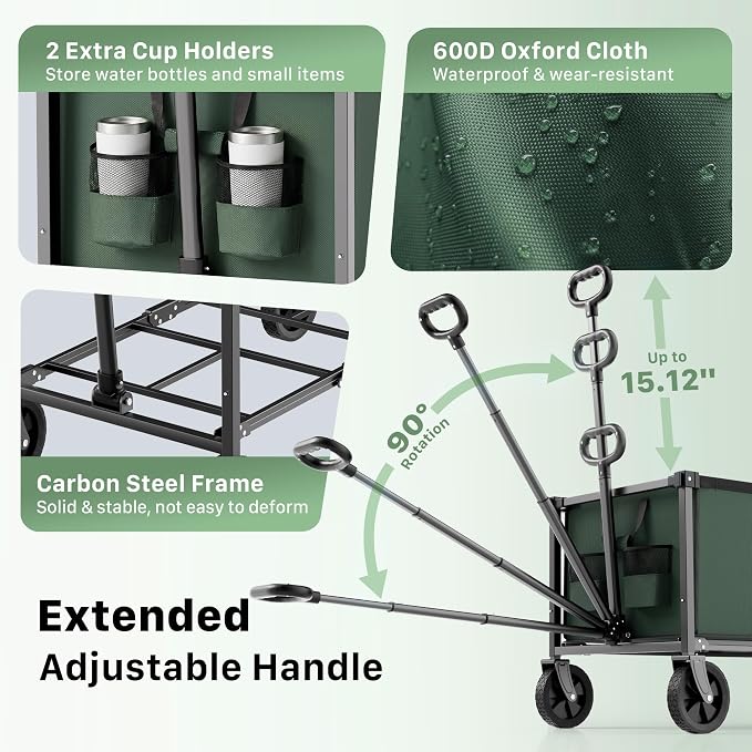 29.3" Collapsible Wagon Cart, 150L Heavy Duty Folding Utility Wagon with Wheels, 260 lbs Load, Portable Rolling Cart for Garden, Shopping, Sports, Camping, Army Green