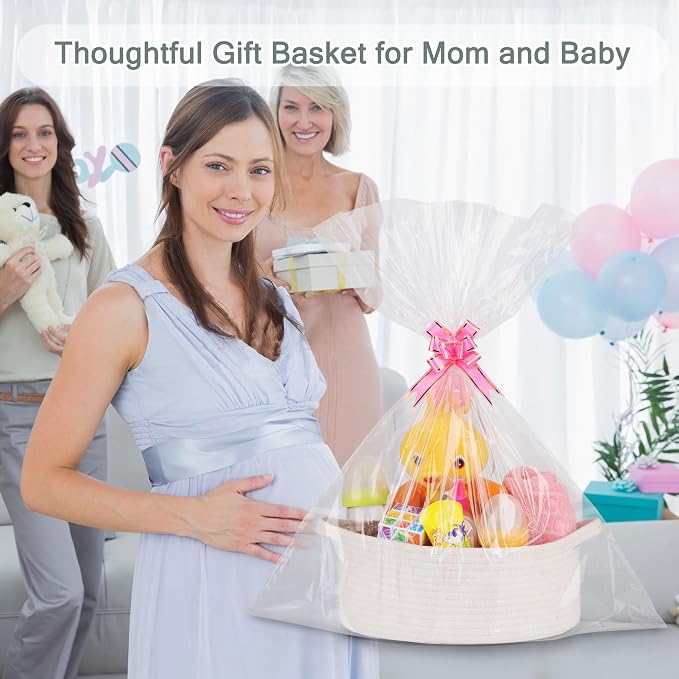 COMSE Empty Small Gift Basket with Bag & Ribbons, White | Cotton Rope, 12"x 8"x 5", Baby Toy Organizer, Stores Small Items for Bedrooms, Nurseries, Bathrooms, Living Rooms, Offices