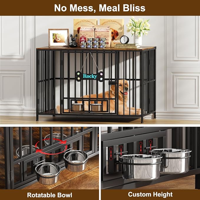 Easycom 43" Foldable Dog Crate Furniture for Large Dogs 60-80 lbs, Brown | No Assembly Dog Cage with Adjustable Bowls and Name Tag, Decorative Wooden Dog Kennel Indoor, End Table