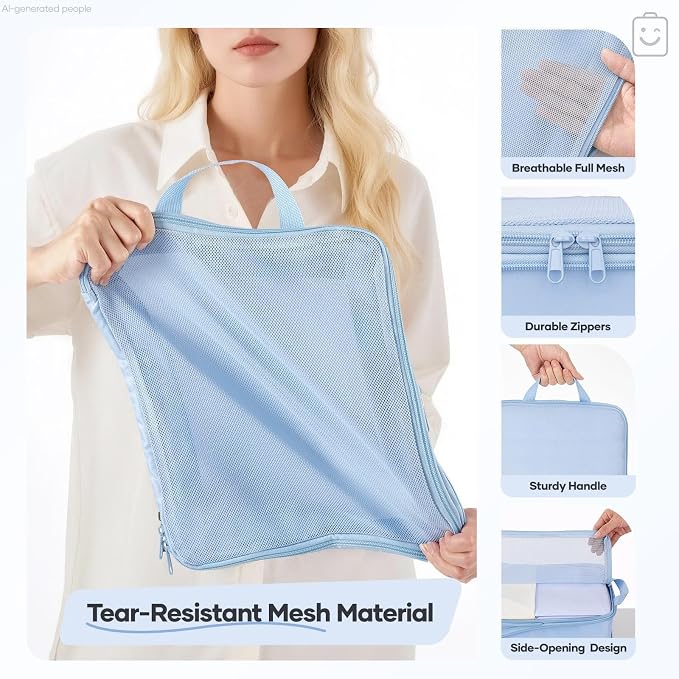 Veken 9/11 Set Compression Packing Cubes Garment Bags for Travel Essentials,Compressible Expandable Luggage Organizer Bags for Clothing,Space Saver Bags with Over 1000 pcs of Mesh Holes(Light Blue)