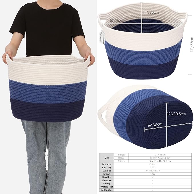 Sea Team Large Woven Cotton Rope Laundry Basket with Handles, 16 x 13 in | Collapsible Knitted Hamper, Closet Shelf Organizers, Containers for Clothing, Blankets, Toys, Bedding, Navy