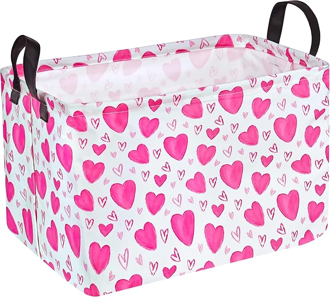 Rectangle Gift Storage Basket Home Shelf Storage Basket Organizer Box Clothes Laundry Hamper Nursery Basket Laundry Basket with Handles (Heart)