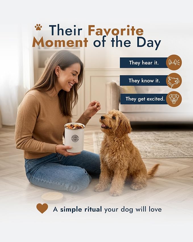 Dog Treat Container with Bamboo Lid, White Metal, 5.1” W x 6.5” H, 6.4 Cups | Silicone Seal, Easy-Open Lid, Premium Seamless One-Piece Body, Dent-Resistant, Fits Most Dog Treats, Modern Countertop Decor