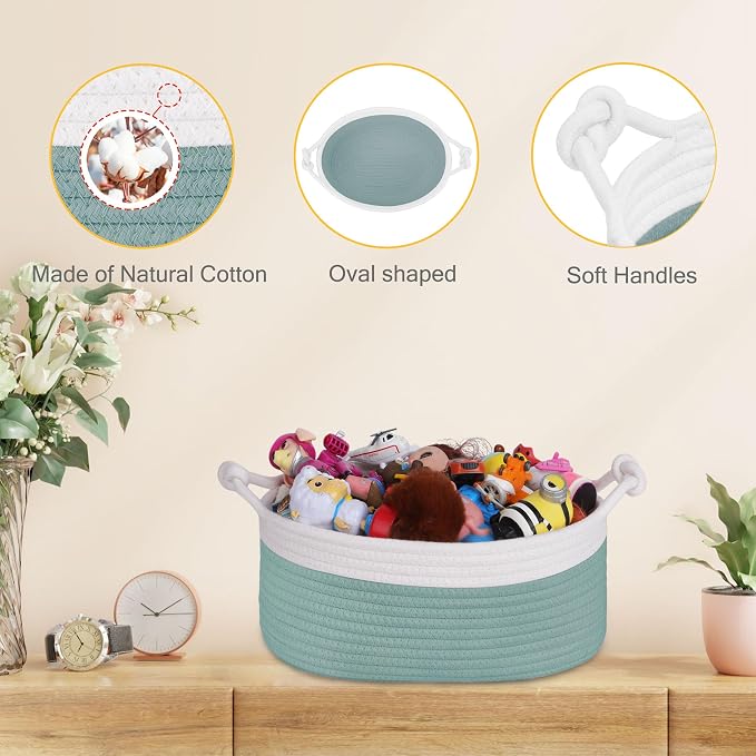 Small Empty Gift Basket with Bag & Ribbons, White & Light Green | 12“x8”x5”, Cotton Rope Woven Basket for Birthdays, Baby Showers, Mother's Day, Christmas; Stores Small Items, Kids & Pet Toys