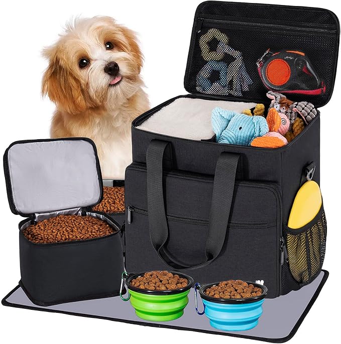 Dog Travel Bag, Large Pet Travel Set with Multi-Function Pockets | 2 Food Storage Containers, 2 Collapsible Bowls, 1 Feeding Mat for Pet Supplies, Road Trip Essentials, Weekend Camping, Black
