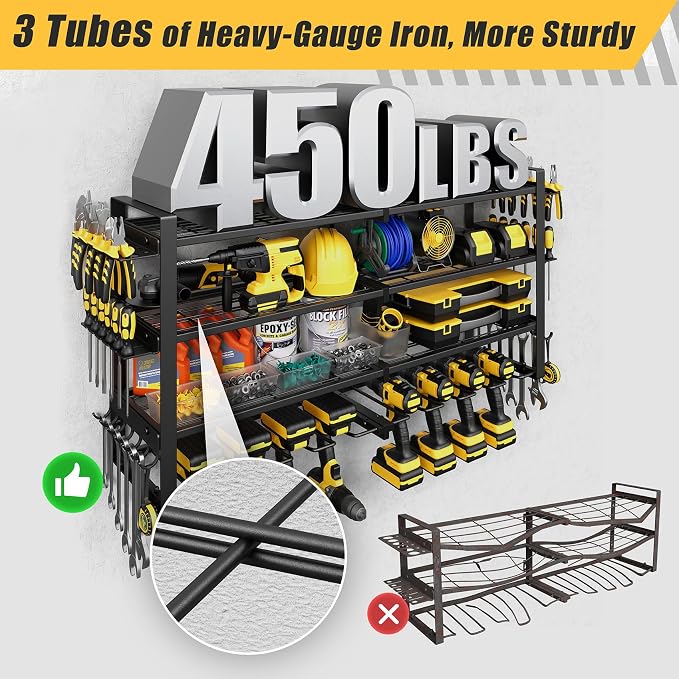 4-Tier Power Tool Organizer Wall Mount, 450LBS Capacity, 8 Drill Holders | 3-Tube Reinforced Design, Holds 50+ Tools, Cordless Tool Organizer, Rust Resistant, Quick Assembly, Garage Gift for Men