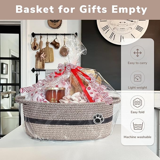 Medium Woven Rope Dog Toy Basket with Paw Print, Brown Mixed | 13.6"x 10" x 6", Dog Toy Bin & Box With Handles, Gift Basket for Pet Cat, Storage Basket for Baby Shower, Closet, Living Room