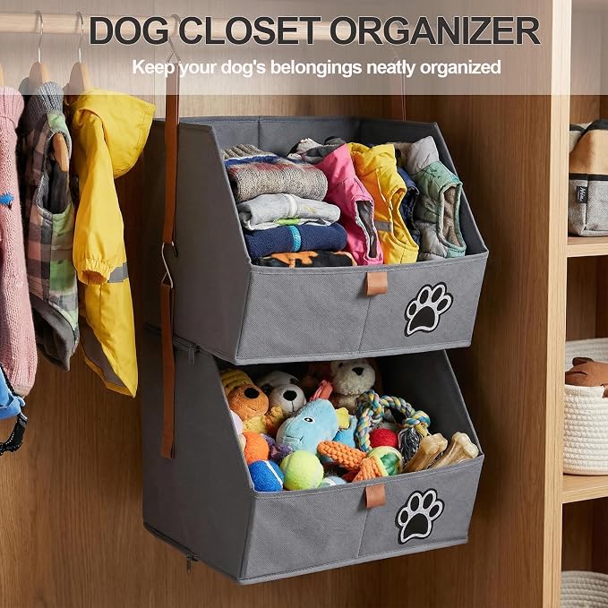 2-Tier Dog Shelves Storage Organizer, Dog Toy Basket, Hanging Closet Organizer for Pet, Fabric Storage Bins Dog Cabinet, Collapsible Baskets for Dog Toys,Collar,Clothes,Blanket -Grey