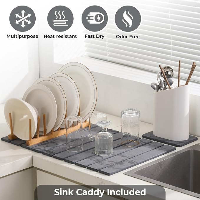 Drying Matt Kitchen Counter,Large Stone Dish Drying Mat for Kitchen Counter,Foldable Water Absorbing Diatomaceous Earth Drying Organizer Pad for Kitchen Utensils(Dark Gray 24"×16" & 8"x4")