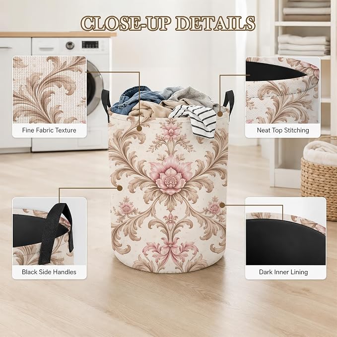 Vintage Floral Laundry Basket, Damask Leaves Collapsible Laundry Hamper Waterproof Oxford Cloth With Handles, Clothes Storage Bucket For Bathroom/Bedroom 16" x 20.8"