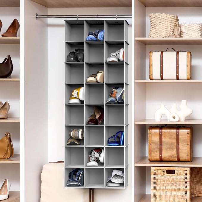 Simple Houseware 24 Section Shelves Hanging Shoes Organizer, Gray | 3 Metal Hooks, 8 Tier, Holds Up to 24 lbs