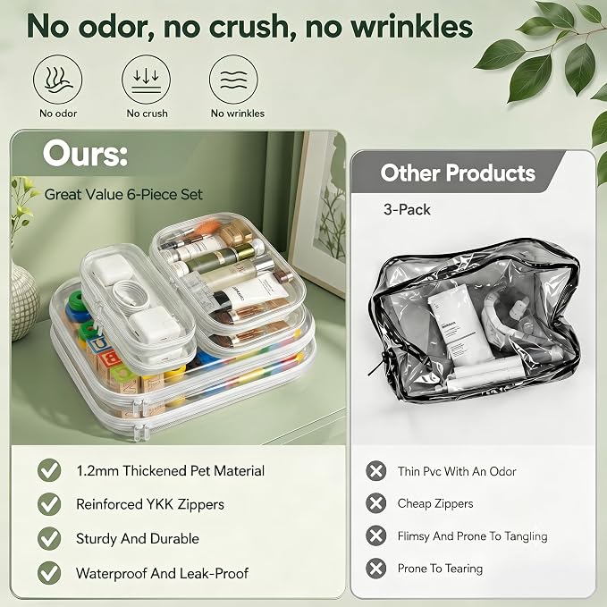 6 Pcs Clear Hard Shell Zipper Case – Clear Makeup Bag Set 2S/2M/2L, See-Through Hard Plastic Organizer Pouches with Double Zipper, Crush-Resistant Travel Toiletry Bag for Cosmetics,Toys