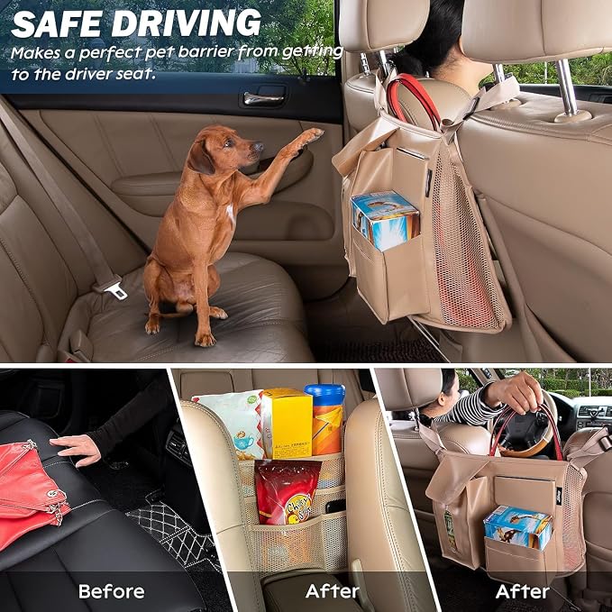 Car Seat Back Organizer, Net Purse Hangbag Holder for Car, Auto Driver Or Passenger Accessories Organizer, Vehicle Console Caddy, Personal Travel Storage Bag for Pet Kids Adults, Pu Leather Beige