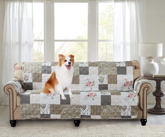 Brilliant Sunshine Pink Rose & Grey Toile Patchwork Couch Cover, 70" seat | Quilted Sofa Cover, Living Room & Bedroom Furniture Protector, Large Washable Slipcover for Pets, Dogs & Cats