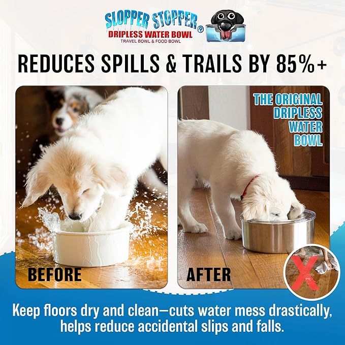 Slopper Stopper Stainless Steel Dripless Water Bowl with Tritan Plastic Lid, Holds 1 Gal, Reduces Spills & Trails Up to 85%+, Water Bowl for Giant Breed Dogs (86-130 lbs), The Original Slobber Stopper