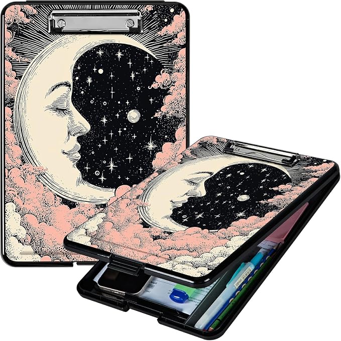 Heavy Duty Storage Clipboard, Slim Nursing Clipboard with Internal Pen Case, Portable File Organizer Case for A4 Letter Size Paper Office Medical Professionals, Pink Tree Moon