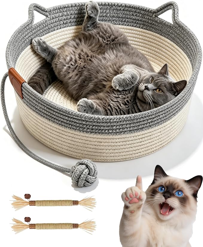 Instinct Basket for Cats,Cat Basket Bed with Cushion & Hanging Ball Toy,Handwoven Cotton Rope Cat Basket (Gray,S(up to 9Lb))