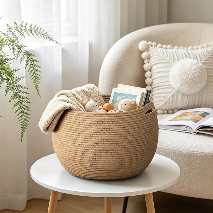 Goodpick Large Toy Storage Basket for Kids, Round, 15.7" x 10.5", Camel | Woven Rope Basket with Handles, Holds Blankets, Toys & Baby Shower, Decorative Basket for Living Room & Bedroom Décor