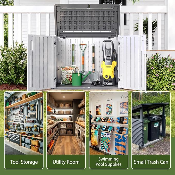 Aoxun Outdoor Storage Cabinet 35 Cu.Ft Outdoor Trash Can Storage Shed,White | Waterproof Horizontal Storage Shed Outdoor Storage for Garbage Bin, Generator, and Lawn Mower