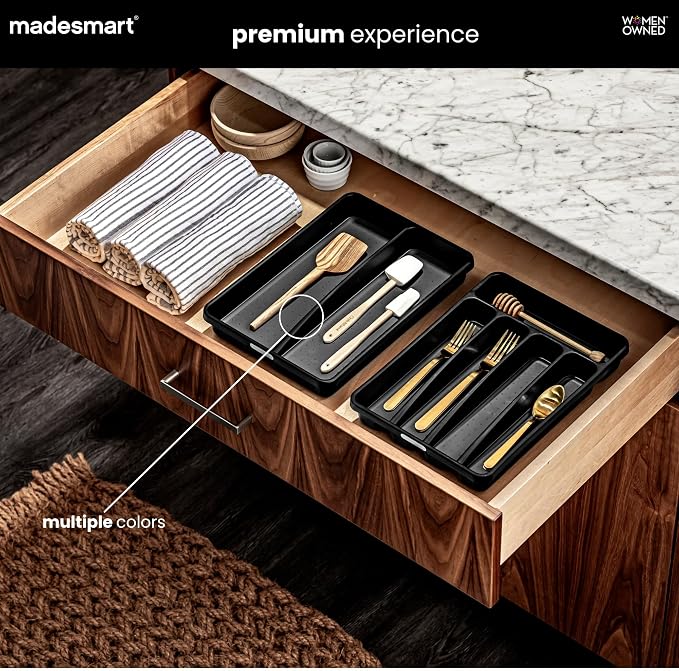 madesmart Classic 2 Compartment Compact Utensil Tray, White | non slip feet, rounded corners, soft grip lining, wide channels, spatulas whisks tongs, ladles serving spoons, woman owned