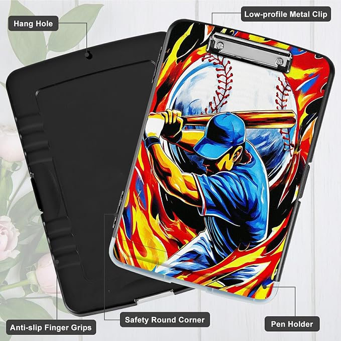 A4 Clipboard with Storage Pen Holder, Clipboards Organizer Nursing Clipboard Foldable File Folder Plastic Clipboard Folio Clip Board for Office Work Classroom Doctor, Baseball Man