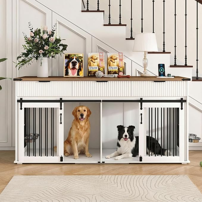71" Large Dog Crate TV Stand with 3 Fluted Drawers, Furniture Style Wooden Double Dog Crate Furniture with Power Outlet and Rotating Feeders, Dogs Cage for Small Medium Large Dogs, White