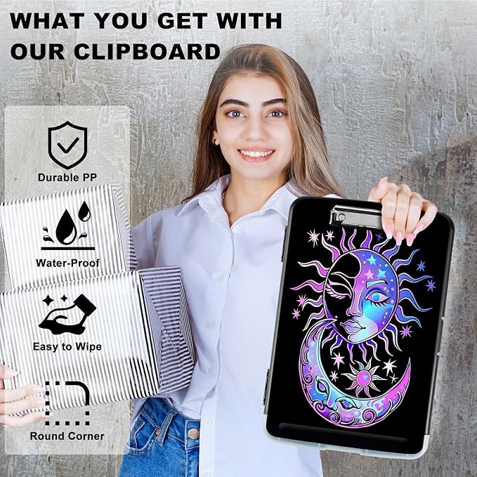 Purple Moon Sun A4 Clipboard with Storage Pen Holder, Clipboards Organizer Nursing Clipboard Foldable File Folder Plastic Clipboard Folio Clip Board for Office Students Classroom Doctor